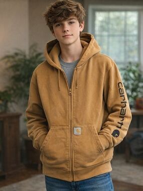 Carhartt Sweatshirt Youth XL 18-20 Tan Hooded Full Zip Fleece Lined Logo Sleeve